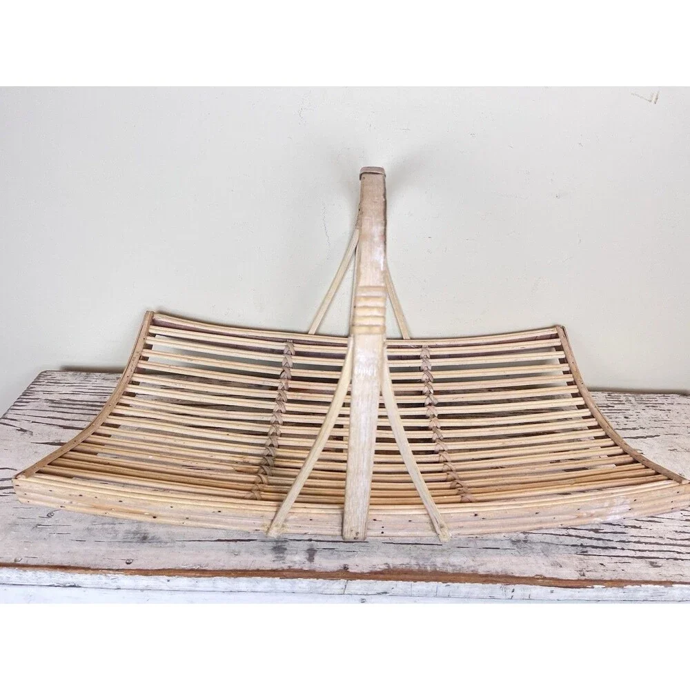 Vintage White Washed Bent Bamboo Garden Trug Handled Flower Basket 20”